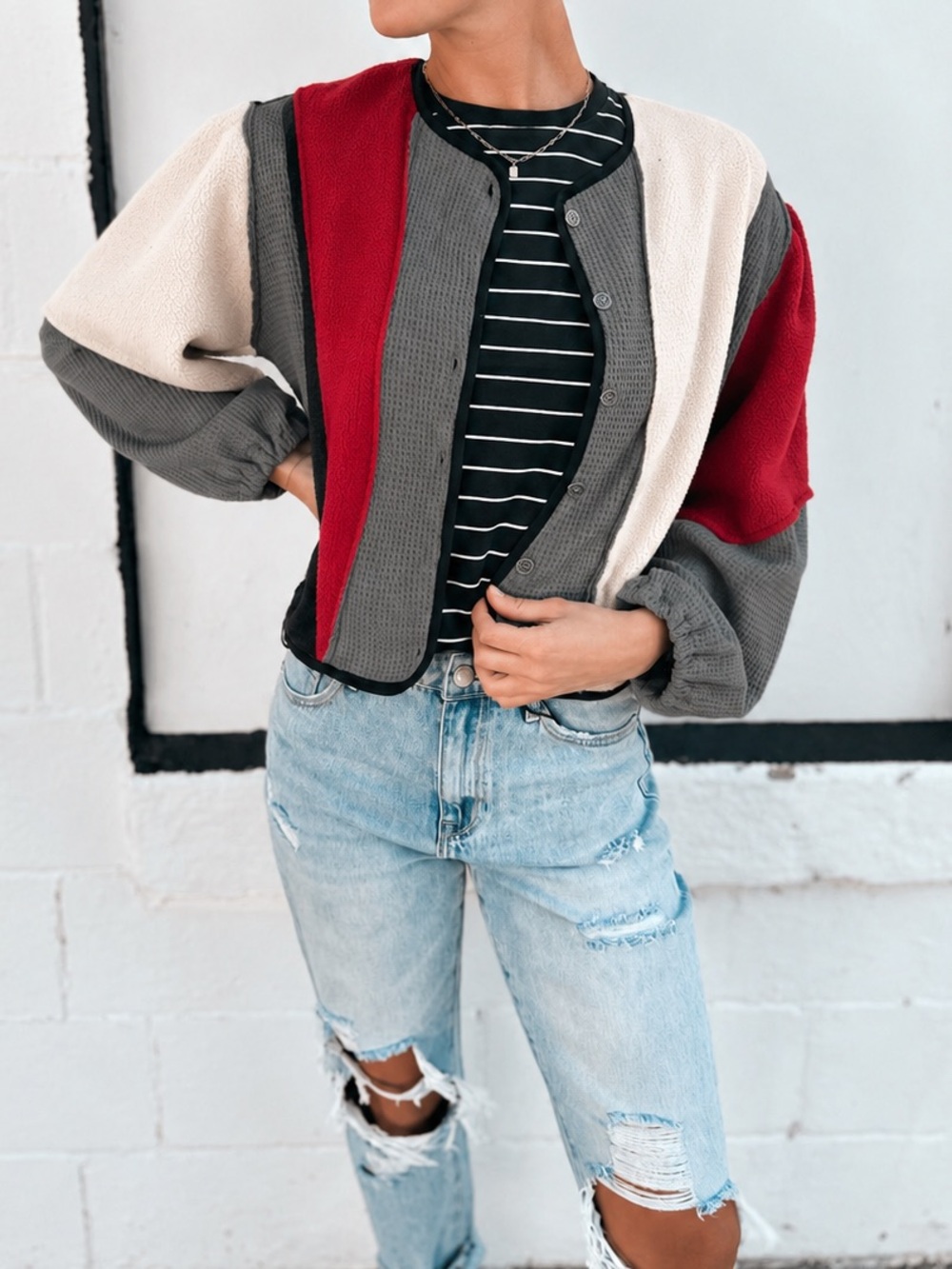 POL Patchwork Fleece and Waffle Knit Button Front Color-Block Top Small
